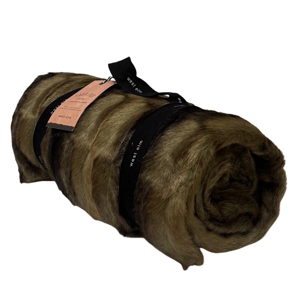 NEW West Elm Faux Fur Throw Blanket 47x60 Brown Offset Stripe Luxury Home Gift